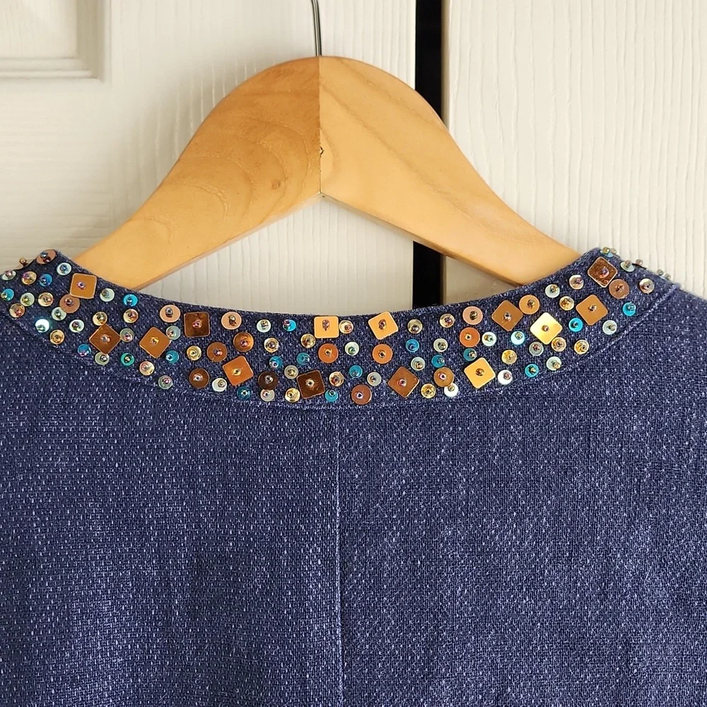 Coldwater Creek‎ Navy Blue Beaded Blazer Jacket Size LG Button Front Linen Blend - Picture 4 of 11